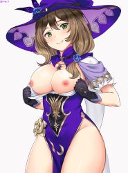 Rule 34 | 1girl, blush, breasts, breasts out, brown hair, genshin impact, gloves, green eyes, hat, highres, large breasts, lisa (genshin impact), long hair, nipples, rinse (artist), smile, solo, witch hat