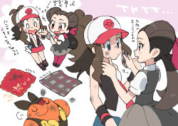 Rule 34 | 2girls, antenna hair, baseball cap, blush stickers, boots, brown hair, character print, commentary request, creatures (company), darumaka, dirty, dirty face, dress, eye contact, game freak, gen 5 pokemon, grey dress, hair ribbon, handkerchief, hands up, hat, hilda (pokemon), holding, long hair, looking at another, multiple girls, nibo (att 130), nintendo, pantyhose, pignite, pokemon, pokemon (creature), pokemon bw, pokemon oras, ribbon, roxanne (pokemon), shirt, short sleeves, shorts, sidelocks, translation request, twintails, vest, white shirt, wiping face, wristband