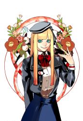 Rule 34 | 1girl, blonde hair, blue eyes, blue flower, blunt bangs, bow, chinese commentary, fate (series), flower, hat, highres, long hair, lord el-melloi ii case files, pink flower, red bow, red flower, reines el-melloi archisorte, smile, solo, straight hair, tilted headwear, whaaa000, white flower