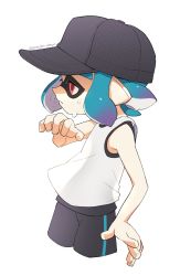 Rule 34 | 1girl, bare arms, bare shoulders, baseball cap, black hat, blue hair, flat chest, gradient hair, hat, highres, inkling, inkling girl, inkling player character, multicolored hair, nintendo, pink eyes, pointy ears, puchiman, purple hair, short hair, simple background, single vertical stripe, solo, splatoon (series), suction cups, sweat, tank top, tentacle hair, twitter username, two-tone hair, white background, white tank top