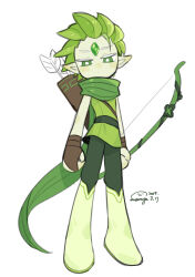 Rule 34 | 1boy, absurdres, arrow (projectile), blush, boots, bow (weapon), brown gloves, clenched hands, colored skin, cookie run, ear blush, expressionless, fingerless gloves, forehead jewel, frown, full body, gloves, green eyes, green footwear, green hair, green pants, green scarf, green shirt, green skin, green skinned male, green tunic, highres, holding, holding bow (weapon), holding weapon, looking at viewer, looking down, loose hair strand, male focus, pants, personification, pointy ears, scarf, shirt, simple background, strap, tunic, weapon, wenyu, white background, wind archer cookie