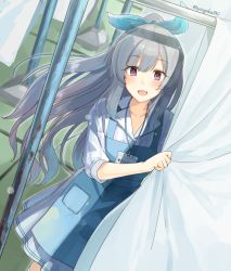 Rule 34 | 1girl, :d, apron, blush, byougaku, collarbone, commentary request, dress, floating hair, grey hair, idolmaster, idolmaster shiny colors, long hair, looking at viewer, open mouth, purple eyes, sidelocks, smile, solo, striped clothes, striped dress, twitter username, vertical-striped clothes, vertical-striped dress, yukoku kiriko