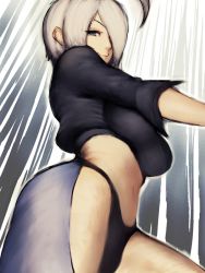 Rule 34 | 1girl, ahoge, angel (kof), blue eyes, from below, fumio (rsqkr), hair over one eye, midriff, navel, short hair, smile, snk, solo, the king of fighters, white hair