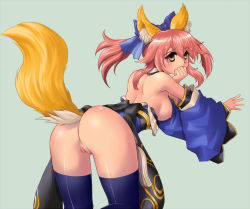 Rule 34 | 10s, 1girl, animal ears, ass, blush, bottomless, bow, breasts, covering face, covering own mouth, covering privates, detached sleeves, fate/extra, fate (series), fox ears, fox tail, from behind, hair bow, hair ribbon, japanese clothes, kemi433, kemi (kemi433), medium breasts, nipples, pink hair, pussy, ribbon, solo, tail, tamamo no mae (fate/extra), twintails, uncensored, yellow eyes