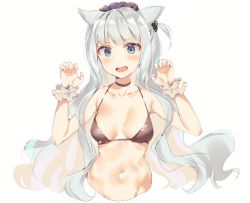 Rule 34 | 1girl, animal ears, bad id, bad twitter id, bikini, bikini top only, black bikini, blue eyes, breasts, cat ears, claw pose, fang, long hair, medium breasts, navel, open mouth, original, sabet (young ouo), swimsuit, white background