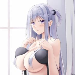 Rule 34 | 1girl, bad id, bad pixiv id, black bra, blush, bra, breasts, cleavage, crescent, crescent hair ornament, hair censor, hair ornament, hair over breasts, highres, keenh, large breasts, long hair, looking at viewer, open bra, original, parted lips, purple eyes, silver hair, solo, underwear, underwear only, upper body