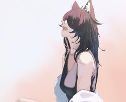 Rule 34 | 1girl, absurdres, animal ear fluff, animal ears, bare shoulders, black hair, black tank top, commentary, dog ears, gradient background, hair over eyes, highres, long hair, nicporim, open mouth, original, pink background, solo, tank top, teeth, upper body, white background