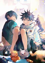 Rule 34 | 2boys, bird, black hair, black shirt, black shorts, blue eyes, closed mouth, dog, expressionless, eyebrows, father and son, fushiguro megumi, fushiguro touji, hair between eyes, highres, hood, hood down, hoodie, jujutsu kaisen, kyuuba melo, long sleeves, looking to the side, male focus, multiple boys, owl, pale skin, scar, scar on face, scar on mouth, shirt, short hair, short sleeves, shorts, sleeves past elbows, spiked hair, spoilers, t-shirt, white hoodie