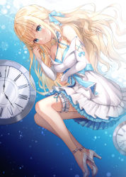 Rule 34 | 1girl, bad id, bad pixiv id, bare shoulders, blonde hair, blue bow, blue eyes, bow, breasts, cleavage, clock, closed mouth, collarbone, commentary request, copyright request, criss-cross halter, detached sleeves, dress, frilled dress, frills, grey footwear, hair bow, halterneck, high heels, long hair, long sleeves, looking at viewer, lunacle, medium breasts, pleated dress, roman numeral, shoes, sleeves past wrists, smile, solo, very long hair, virtual youtuber, white dress, white sleeves