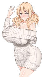 Rule 34 | 1girl, bare shoulders, blonde hair, blush, breasts, female focus, highres, huge breasts, long hair, looking at viewer, mole, nanae, original, red eyes, simple background, solo, standing, sweater, twintails, white background