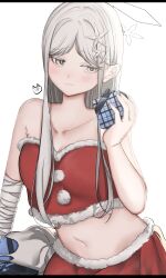 Rule 34 | 1girl, absurdres, bandaged arm, bandages, blue archive, blush, box, closed mouth, collarbone, colored eyelashes, gift, gift box, grey eyes, grey hair, hair ornament, halo, highres, holding, holding gift, long hair, nagusa (blue archive), navel, pom pom (clothes), santa costume, simple background, solo, tounooji (akiomeromisa), white background
