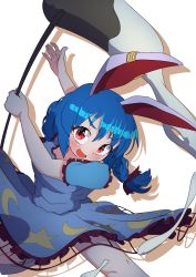 Rule 34 | absurdres, animal ears, blue hair, blush, dress, drop shadow, earrings, food, highres, jewelry, mallet, mochi, moon, moon print, one-hour drawing challenge, polyhedron2, rabbit ears, red eyes, ribbon, seiran (touhou), simple background, socks, solo, star (symbol), star print, touhou, twintails