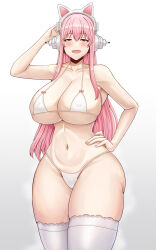 Rule 34 | absurdres, breasts, half-closed eyes, hand on own head, hand on own hip, headphones, highres, huge breasts, nitroplus, pink eyes, pink hair, saikunartworks, smile, super sonico, swimsuit, thick thighs, thighhighs, thighs