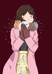Rule 34 | 1girl, animal, animal around neck, animal on shoulder, bad id, bad pixiv id, black shirt, blush, brown gloves, brown hair, rabbit, clip studio paint (medium), coat, commentary request, cowboy shot, earphones, facing away, gloves, green eyes, highres, light particles, long sleeves, looking away, open clothes, open coat, original, own hands together, patterned, pink coat, print skirt, profile, red background, scarf, shirt, simple background, skirt, solo, yellow skirt, yoshimon