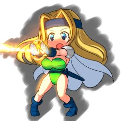 Rule 34 | 1990s (style), 1girl, artist request, blonde hair, blue eyes, boots, breasts, celes chere, chibi, cleavage, female focus, final fantasy, final fantasy vi, gloves, large breasts, leotard, light, long hair, magic, open mouth, puffy nipples, solo, sword, weapon