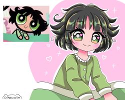 Rule 34 | 1girl, aikawaii, artist name, black hair, blush, bright pupils, buttercup (ppg), buttercup redraw challenge (meme), derivative work, green eyes, green pajamas, heart, long sleeves, meme, messy hair, outline, pajamas, pink background, powerpuff girls, reference inset, screenshot inset, screenshot redraw, short hair, solo, sparkle, under covers, white outline, white pupils