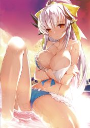Rule 34 | 1girl, bare shoulders, bikini, blue bikini, blush, bow, breast hold, breasts, cleavage, collarbone, dragon horns, evening, fate/grand order, fate (series), frilled bikini, frills, hair bow, highres, horns, kiyohime (fate), kiyohime (swimsuit lancer) (third ascension) (fate), knee up, large breasts, long hair, looking at viewer, machimura komori, orange eyes, outdoors, partially submerged, ponytail, silver hair, sitting, smile, solo, spread legs, swimsuit, wardrobe malfunction, wet, yellow bow