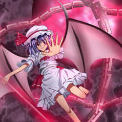 Rule 34 | 1girl, bad anatomy, bad feet, barefoot, bat wings, blue hair, chain, deta-mxproject, dhand, feet, female focus, full moon, hat, moon, outstretched arm, outstretched hand, poorly drawn, reaching, red eyes, red moon, remilia scarlet, solo, touhou, wings