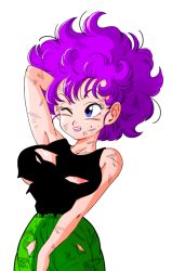 Rule 34 | 1girl, areola slip, arm behind head, arm up, armpits, black shirt, blue eyes, breasts, clenched teeth, cowboy shot, dragon ball, dragon ball (classic), female focus, large breasts, legs, lipstick, looking at viewer, makeup, medium hair, mole, mole under eye, no bra, one eye closed, pink lips, purple hair, ranfan, shirt, simple background, sleeveless, solo, standing, sweat, teeth, thighs, torn clothes, transparent background, wink, yamamoto doujin