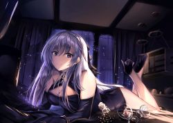Rule 34 | 1girl, azur lane, bare shoulders, belfast (azur lane), belfast (the noble attendant) (azur lane), blue dress, blue eyes, bracelet, braid, breasts, cleavage, criss-cross halter, cup, curtains, dress, drinking glass, eien no juu nana-sai, elbow gloves, flower ornament, french braid, gloves, gold, halter dress, halterneck, high heels, highres, jewelry, long hair, lying, night, on stomach, silver hair, smile, solo, sparkle, the pose, window, wine glass