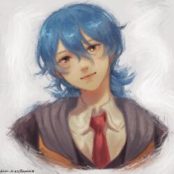 Rule 34 | 1girl, ai the somnium files, ai the somnium files: nirvana initiative, blue hair, brown eyes, closed mouth, collared shirt, commentary, english commentary, hair between eyes, highres, koifish kk, long hair, looking at viewer, necktie, okiura mizuki, portrait, red necktie, shirt, solo, twitter username