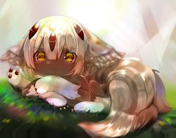 Rule 34 | 1girl, black skin, claws, colored skin, dark skin, extra arms, faputa, female focus, grass, kiadayon, lying, made in abyss, monster girl, multiple tails, on stomach, pout, solo, tail, very dark skin, white hair, yellow eyes