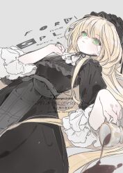 Rule 34 | 1girl, bity3155660241, black dress, black hat, black ribbon, black sleeves, blonde hair, closed mouth, collar, collared dress, commission, cowboy shot, cup, dress, frilled collar, frilled hat, frilled sleeves, frills, green eyes, grey background, hair spread out, hat, highres, holding, holding cup, light blush, light frown, long dress, long hair, long sleeves, looking at viewer, lying, neck ribbon, on back, original, pink innertube, ribbon, sample watermark, simple background, sleeves past elbows, solo, spilling, tea, teacup, very long hair, watermark, white collar
