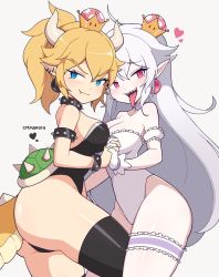 Rule 34 | 2girls, absurdres, armlet, artist name, barefoot, black leotard, black thighhighs, blonde hair, blue eyes, bowsette, bracelet, breasts, cleavage, collar, cremanata, ear piercing, earrings, fang, fang out, gloves, heart, highres, holding hands, interlocked fingers, jewelry, large breasts, leotard, long hair, luigi&#039;s mansion, mario (series), multiple girls, new super mario bros. u deluxe, nintendo, piercing, ponytail, princess king boo, red eyes, sharp teeth, simple background, smile, spiked armlet, spiked bracelet, spiked collar, spikes, super crown, tail, teeth, thighhighs, thighlet, tongue, tongue out, turtle shell, very long hair, white gloves, white hair, white leotard