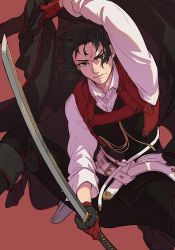 Rule 34 | 1boy, belt, belt buckle, black hair, black jacket, black pants, brown eyes, buckle, buttons, closed mouth, fate/grand order, fate (series), gloves, hijikata toshizou (fate), holding, holding clothes, holding jacket, holding sword, holding weapon, isshoku (shiki), jacket, katana, koha-ace, long sleeves, looking at viewer, male focus, pants, red gloves, shirt, short hair, simple background, solo, sword, weapon, white belt, white shirt