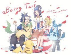 Rule 34 | 1boy, 2girls, :d, adaman (pokemon), anklet, bench, bettie (pokemon), black hair, blonde hair, blue eyes, blue shorts, brown eyes, closed mouth, commentary request, creatures (company), dated, eyebrow cut, falling petals, food, game freak, gen 1 pokemon, gen 4 pokemon, glaceon, hairband, hand up, hat, highres, holding, holding food, irida (pokemon), jewelry, leafeon, multiple girls, narusawa byakuya, neck ring, nintendo, off-shoulder shirt, off shoulder, open mouth, petals, pikachu, pokemon, pokemon (creature), pokemon legends: arceus, pokemon masters ex, ponytail, red footwear, red hairband, sash, shirt, shoes, shorts, signature, sitting, smile, strapless, strapless shirt, undershirt, white background, white shirt, white shorts