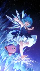 Rule 34 | 1girl, 1other, adapted costume, barefoot, bloomers, blue bow, blue dress, blue eyes, blue hair, bow, cirno, copy ability, crossover, dress, enoki 3106, fairy, full body, hair bow, highres, ice, ice kirby, ice wings, kirby, kirby (series), looking at viewer, nintendo, open mouth, revision, short hair, signature, smile, touhou, trait connection, underwear, white bloomers, wings