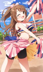 Rule 34 | 1girl, ;d, arm up, bike shorts, bike shorts under skirt, black sports bra, blush, bow, breasts, brown hair, cheerleader, cropped shirt, feet out of frame, hair bow, highres, holding, holding pom poms, idolmaster, idolmaster cinderella girls, long hair, looking at viewer, medium breasts, one eye closed, open mouth, outdoors, pink skirt, pleated skirt, pom pom (cheerleading), pom poms, shimamura uzuki, shirt, skirt, sleeveless, sleeveless shirt, smile, solo, sports bra, sweat, two-sided fabric, two-sided skirt, very long hair, yairo ju