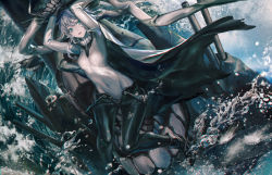 Rule 34 | 10s, 1girl, abyssal ship, aqua eyes, bodysuit, breasts, cape, enemy aircraft (kancolle), gloves, infukun, kantai collection, machinery, navel, ocean, pale skin, silver hair, tentacles, turret, water, wo-class aircraft carrier