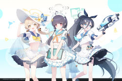 3girls ahoge alternate_costume aris_(blue_archive) black_hair blue_archive blue_eyes blush character_doll closed_mouth hair_ornament hairband halo hifumi_(blue_archive) highres light_brown_hair looking_at_viewer low_twintails maid_headdress menu_board midriff miyu_(blue_archive) multiple_girls official_art open_mouth peroro_(blue_archive) ponytail red_eyes simple_background swimsuit twintails water_gun white_background yellow_eyes