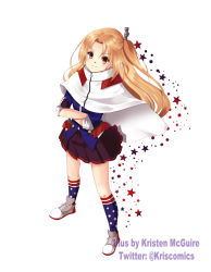 Rule 34 | 1girl, american flag, american flag legwear, american flag print, artist name, azur lane, black gloves, blonde hair, cape, capelet, cleveland (azur lane), commentary, commentary request, crossed arms, english commentary, fingerless gloves, flag print, gloves, hair intakes, kneehighs, kristen mcguire, kristen mcguire (artist), long hair, miniskirt, multicolored clothes, multicolored legwear, one side up, parted bangs, red eyes, shoes, skirt, socks, star (symbol), star print, twitter username, white capelet