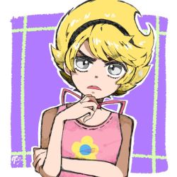 Rule 34 | 1girl, artist request, blonde hair, blouse, d:, grey eyes, hairband, hand on own chin, hand up, looking at viewer, mandy (grim adventures), non-web source, open mouth, pink shirt, print shirt, purple background, shirt, short hair, sleeveless, sleeveless shirt, solo, source request, the grim adventures of billy &amp; mandy