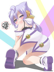 Rule 34 | 10s, 1boy, androgynous, ass, bare shoulders, bent over, blush, boots, embarrassed, from behind, hacka doll, hacka doll 3, leafy (kitsuneya), long hair, looking at viewer, looking back, lying, male focus, purple eyes, purple footwear, purple hair, solo, spoken squiggle, squiggle, trap