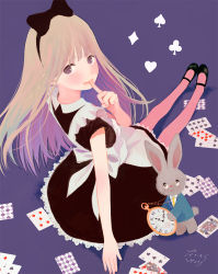 Rule 34 | 1girl, alice (alice in wonderland), alice in wonderland, apron, back bow, bad id, bad pixiv id, black bow, black dress, black footwear, blonde hair, bow, card, closed mouth, club (shape), cosplay, diamonds (playing card), dress, finger to mouth, formal, from behind, full body, glasses, hair bow, hearts (playing card), long hair, looking at viewer, looking back, maid, mary janes, nakamura hinata, necktie, on floor, pantyhose, pinafore dress, pink pantyhose, playing card, pocket watch, purple background, rabbit, shoes, signature, simple background, sitting, sleeveless, sleeveless dress, solo, spade (shape), suit, watch, white apron, white bow, white rabbit (alice in wonderland), white rabbit (cosplay), yellow necktie