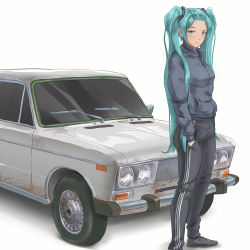 Rule 34 | 1girl, absurdres, alternate costume, alternate hairstyle, aqua hair, blue eyes, car, closed mouth, hair ornament, hairclip, half-closed eyes, hands in pockets, hatsune miku, highres, iskanderednaksi, jacket, lada (car), long hair, looking at viewer, motor vehicle, pants, shoes, simple background, solo, standing, track jacket, track pants, twintails, vehicle focus, vocaloid, white background
