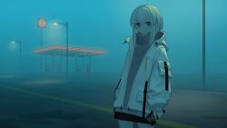 Rule 34 | 1girl, cellphone, closed mouth, cowboy shot, fog, gas station, highres, holding, holding phone, kawara pigeon, looking at viewer, medium hair, original, outdoors, phone, road, smartphone, standing, street, tagme, white hair