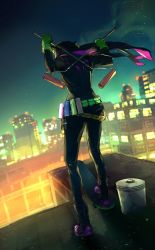 Rule 34 | 1girl, animal hood, belt, blurry, blurry background, city, city lights, fisheye placebo, from behind, gloves, highres, hood, hoodie, jen (fisheye placebo), night, paint can, paint roller, scarf, skateboard, solo, spray paint, standing, yuumei