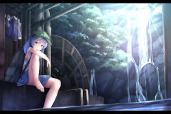 Rule 34 | 1girl, backpack, bag, bare arms, bare legs, bare shoulders, barefoot, blue eyes, blue hair, convenient censoring, forest, hair bobbles, hair ornament, hat, highres, kawashiro nitori, leg up, letterboxed, looking at viewer, machinery, matching hair/eyes, nature, rerrere, revision, shirt, sitting, skirt, sleeveless, sleeveless shirt, soaking feet, solo, sunlight, touhou, twintails, upskirt, water, water wheel, waterfall, wet