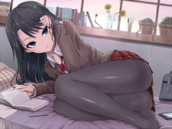 Rule 34 | 1girl, adjusting hair, bed, bed sheet, black hair, black pantyhose, blouse, book, bookshelf, bow, bowtie, briefcase, cellphone, closed mouth, collared shirt, dutch angle, flower, full body, hair between eyes, highres, holding, indoors, kasai shin, legs together, long hair, long sleeves, looking at viewer, lying, neck ribbon, on bed, on side, open book, original, pantyhose, pen, phone, pillow, plaid, plaid skirt, plant, pleated skirt, potted plant, purple eyes, red bow, red bowtie, redrawn, ribbon, school briefcase, school uniform, shirt, skirt, smartphone, solo, staring, sweater, thighband pantyhose, uniform, white shirt, window