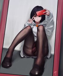 Rule 34 | 1boy, absurdres, against wall, artist logo, black hair, brown eyes, brown pantyhose, bulge, commentary, crossdressing, crotch seam, erection, erection under clothes, fingernails, full-length mirror, hands up, high heels, highres, holding, holding phone, hood, hooded jacket, hoodie, indoors, jacket, knees, lips, loafers, long legs, looking at viewer, mirror, no panties, no pants, no shoes, on floor, original, pantyhose, penis, phone, selfie, shoes, sitting, sleeves past wrists, smile, solo, thighband pantyhose, trap, v, white jacket, ztyoho