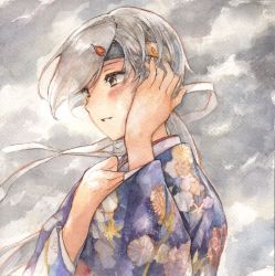 Rule 34 | 1044kiro, 10s, 1girl, blush, brown eyes, chitose (kancolle), cloud, cloudy sky, colored pencil (medium), hair ribbon, hand on own chest, hand to head, headband, japanese clothes, kantai collection, kimono, long hair, looking to the side, painting (medium), ponytail, ribbon, silver hair, sky, solo, traditional media, upper body, watercolor (medium), white ribbon
