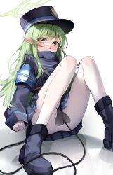 Rule 34 | 1girl, armband, blue archive, blue armband, blue footwear, blue hat, blue skirt, blush, boots, buttons, double-breasted, frqz bijutsu, gloves, green hair, halo, hat, highres, hikari (blue archive), knees together feet apart, knees up, long sleeves, panties, panties under pantyhose, pantyhose, pleated skirt, pointy ears, reflection, reflective floor, shako cap, simple background, sitting, skirt, sleeves past wrists, solo, tail censor, underwear, whistle, white background, white gloves, white panties, white pantyhose, yellow eyes