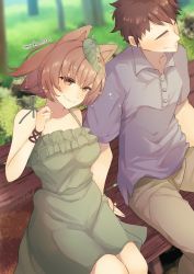 Rule 34 | 1boy, 1girl, animal ears, aoko (myut7287), bench, blush, brown eyes, brown hair, closed mouth, commission, couple, dress, faceless, faceless male, gyoubu danuki (monster girl encyclopedia), leaf, leaf on head, monster girl encyclopedia, pants, shirt, short hair, skeb commission, smile, tail, twitter username