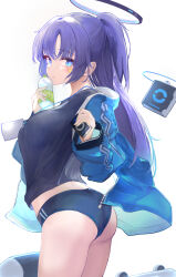 Rule 34 | asaikeu, ass, black shirt, blue archive, blue buruma, blue eyes, bottle, breasts, buruma, closed mouth, from behind, gym uniform, halo, hands up, highres, id card, jacket, lanyard, long hair, looking at viewer, looking back, medium breasts, midriff peek, open clothes, open jacket, parted bangs, ponytail, purple hair, shirt, simple background, star sticker, sticker on face, track jacket, water bottle, white background, yuuka (blue archive), yuuka (track) (blue archive)