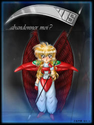 Rule 34 | 1girl, angel, armor, blonde hair, blush, long hair, red eyes, scythe, sizer, violinist of hameln, wings