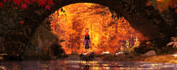 Rule 34 | 1girl, absurdres, autumn, autumn leaves, back bow, bow, bridge, chinese commentary, commentary request, day, english text, facing away, from behind, genshin impact, highres, japanese clothes, leaf, lifeline (a384079959), long hair, low-tied long hair, maple leaf, orange theme, outdoors, pink hair, reeds, river, scenery, solo, standing, tree, wide shot, yae miko